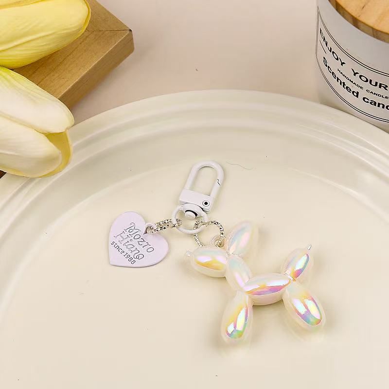 2-Piece White Balloon Dog Keychain Set with Heart Charm Bag Pendant Cute
