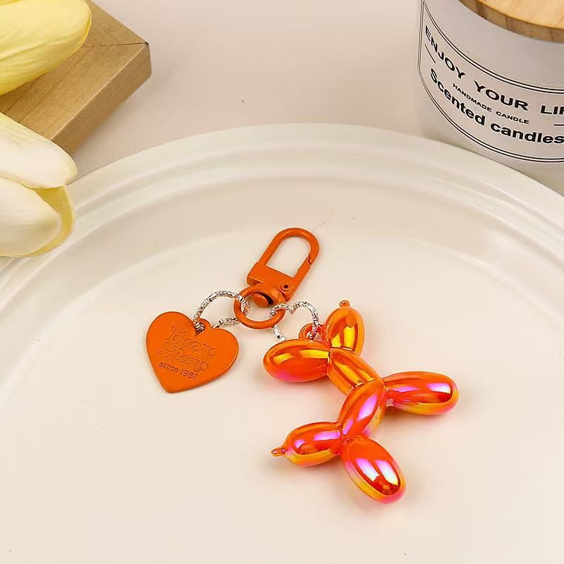2-Piece Orange Balloon Dog Keychain Set with Heart Charm Bag Pendant Cute