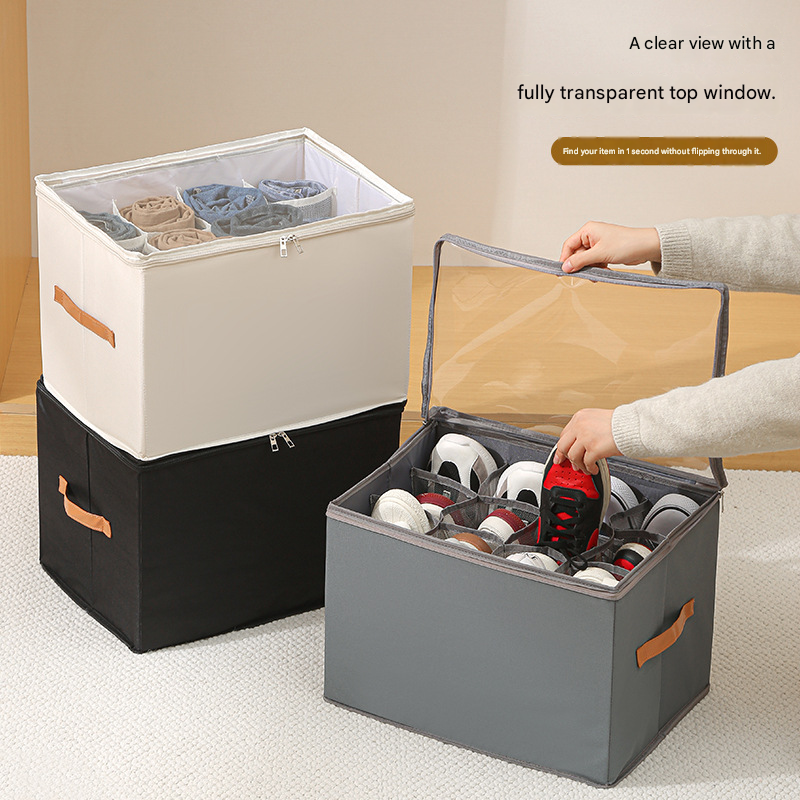 Grey Foldable Fabric Shoe Storage Box with Compartments Dustproof Moistureproof view 3