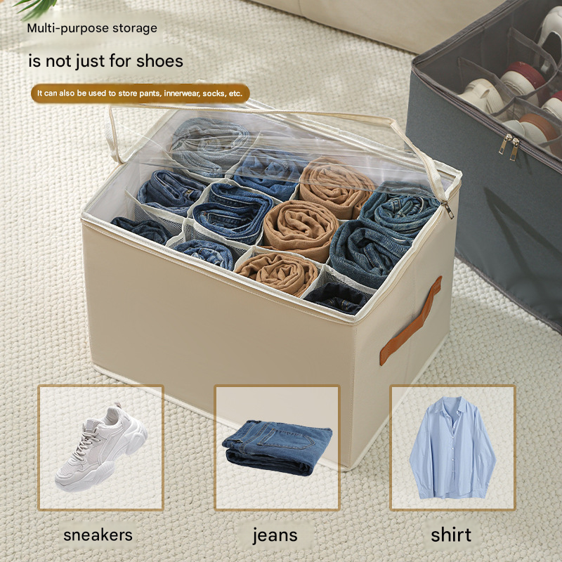Grey Foldable Fabric Shoe Storage Box with Compartments Dustproof Moistureproof view 4