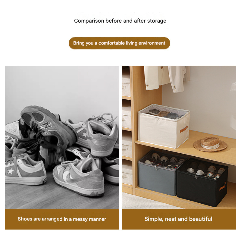 Grey Foldable Fabric Shoe Storage Box with Compartments Dustproof Moistureproof view 5