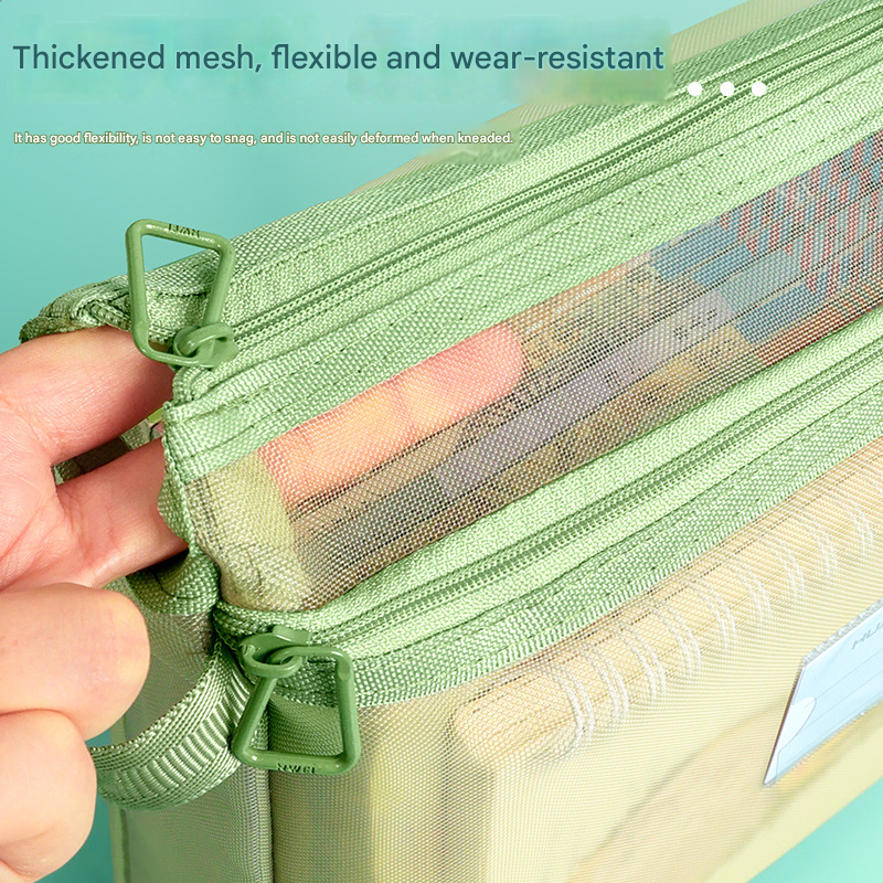 Orange Double Layer Mesh File Bag with Handle Large Capacity Student Subject view 4