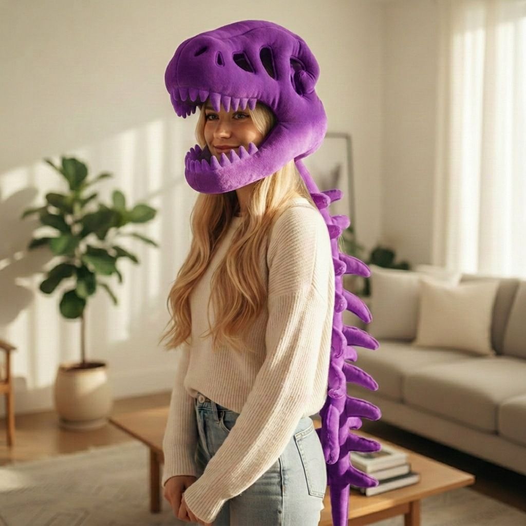 80CM Purple Funny Dinosaur Skeleton Plush Headwear – Quirky Bone Fossil