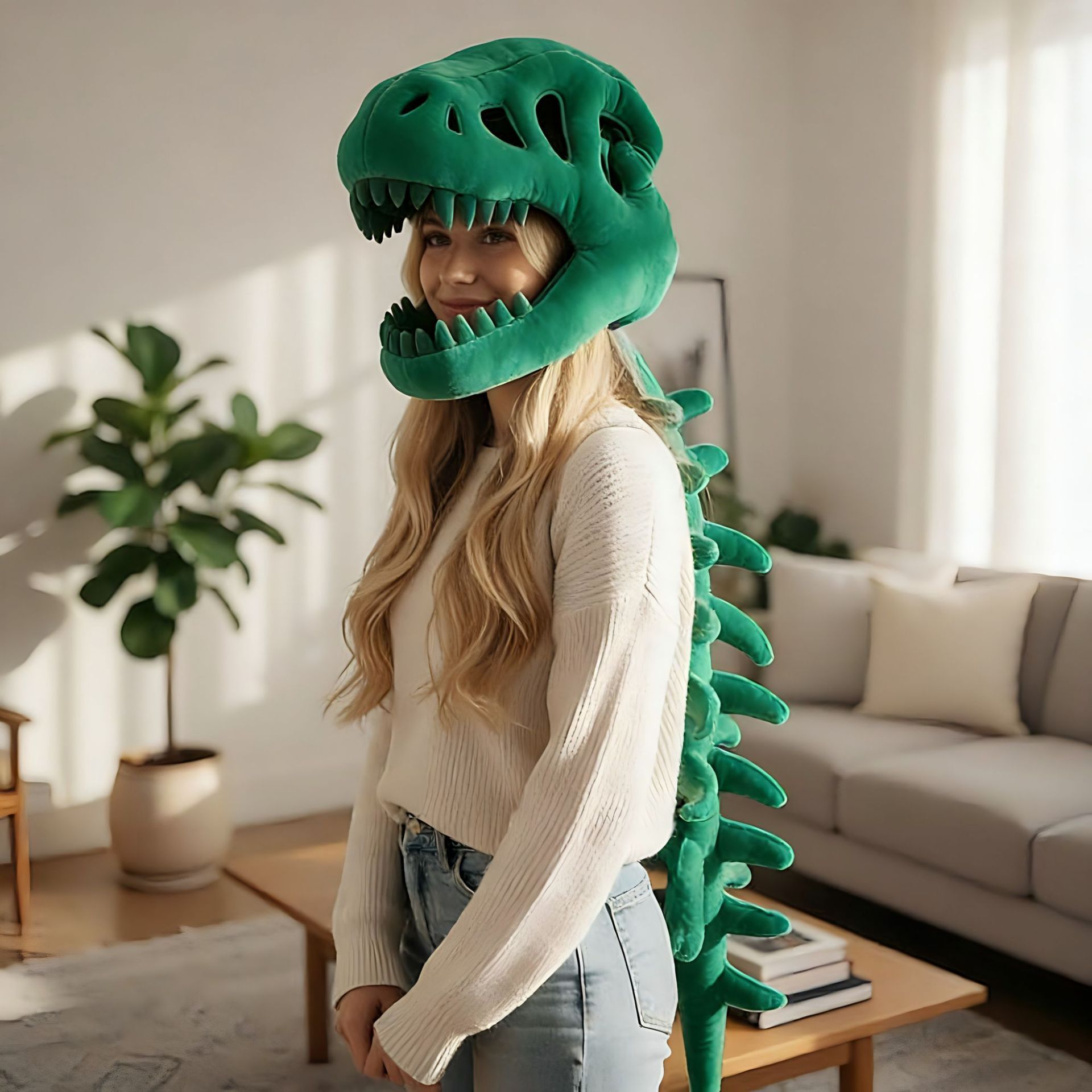 80CM Green Funny Dinosaur Skeleton Plush Headwear – Quirky Bone Fossil Plushie