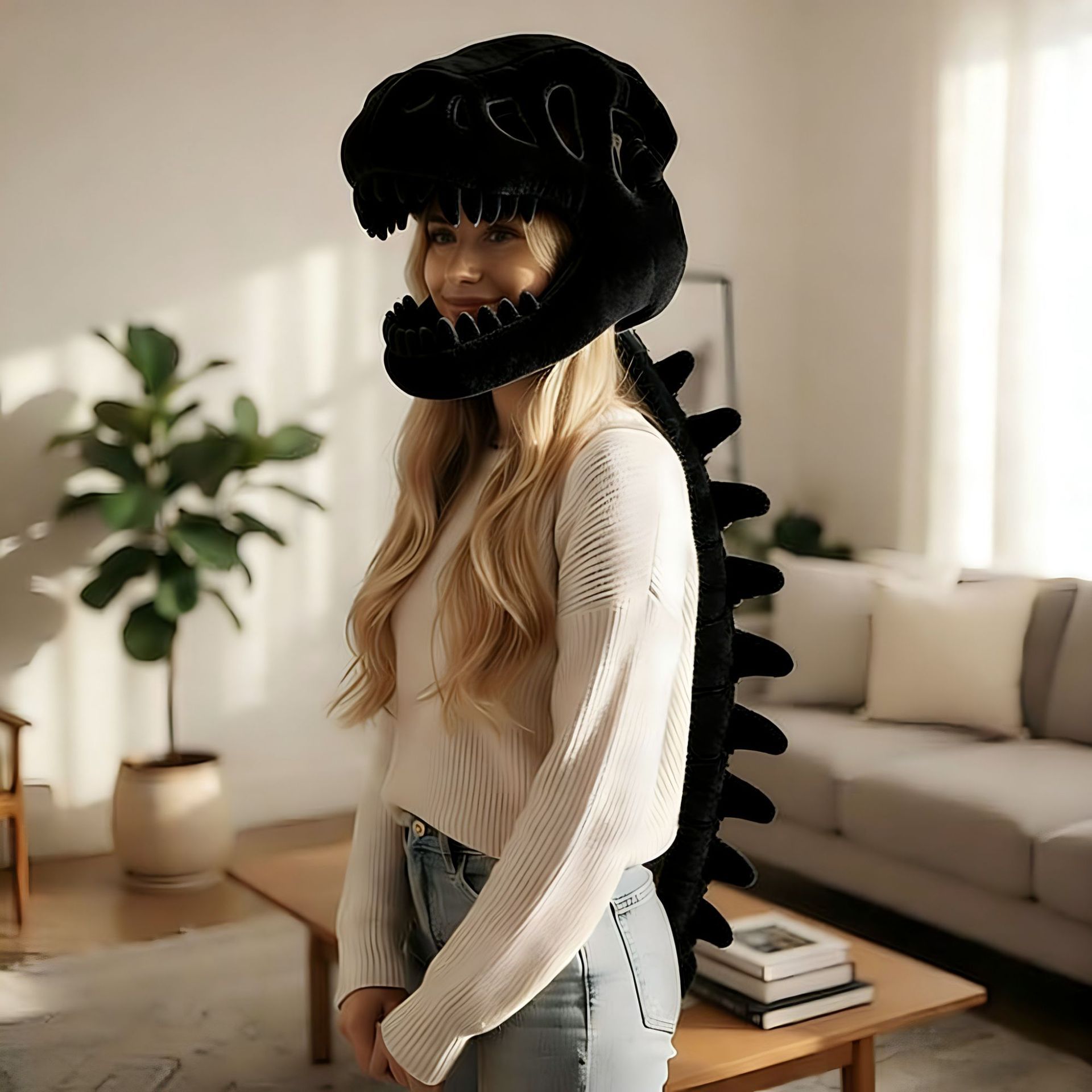 80CM Black Funny Dinosaur Skeleton Plush Headwear – Quirky Bone Fossil Plushie