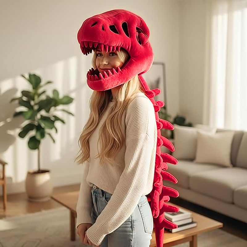 120CM Red Funny Dinosaur Skeleton Plush Headwear – Quirky Bone Fossil Plushie