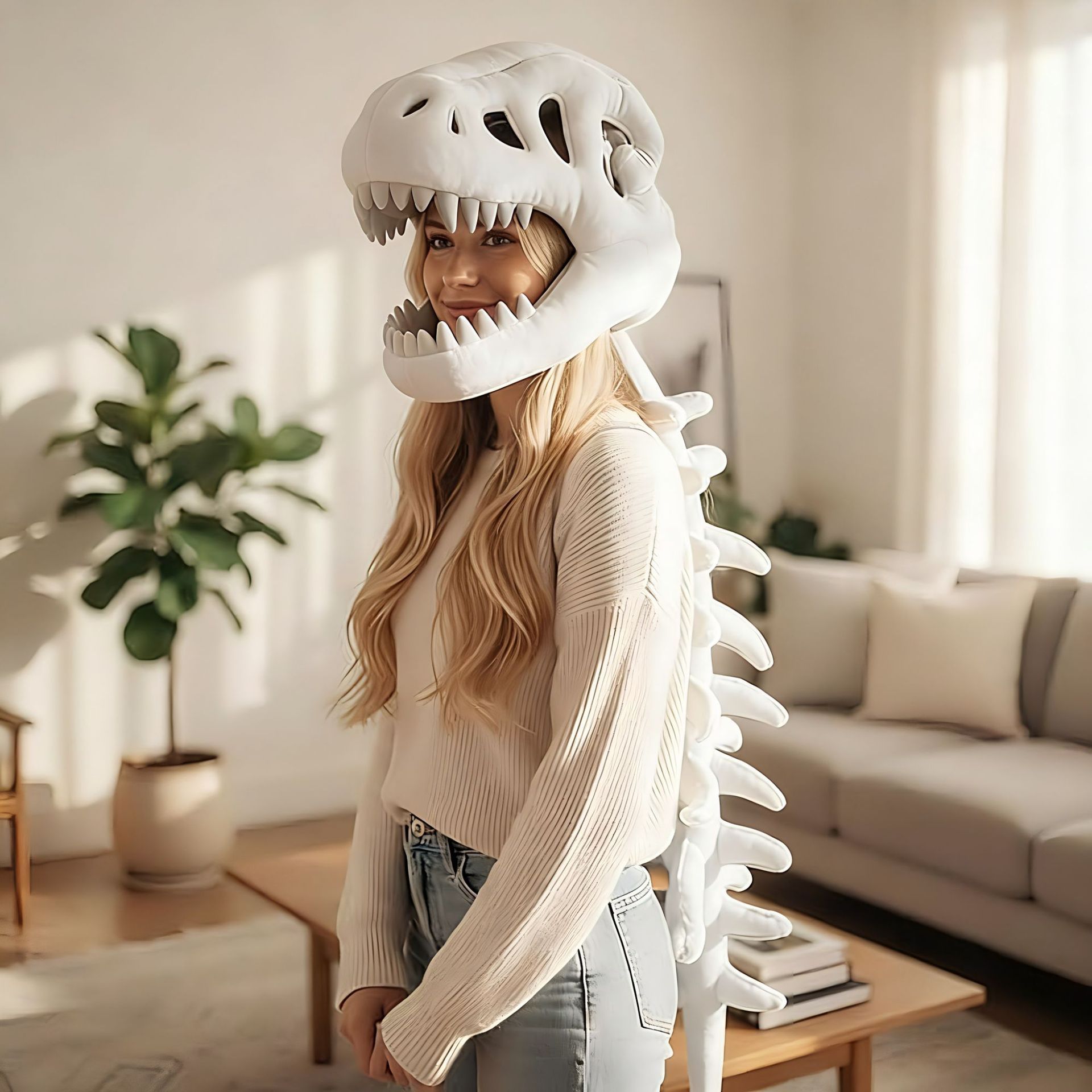 120CM White Funny Dinosaur Skeleton Plush Headwear – Quirky Bone Fossil