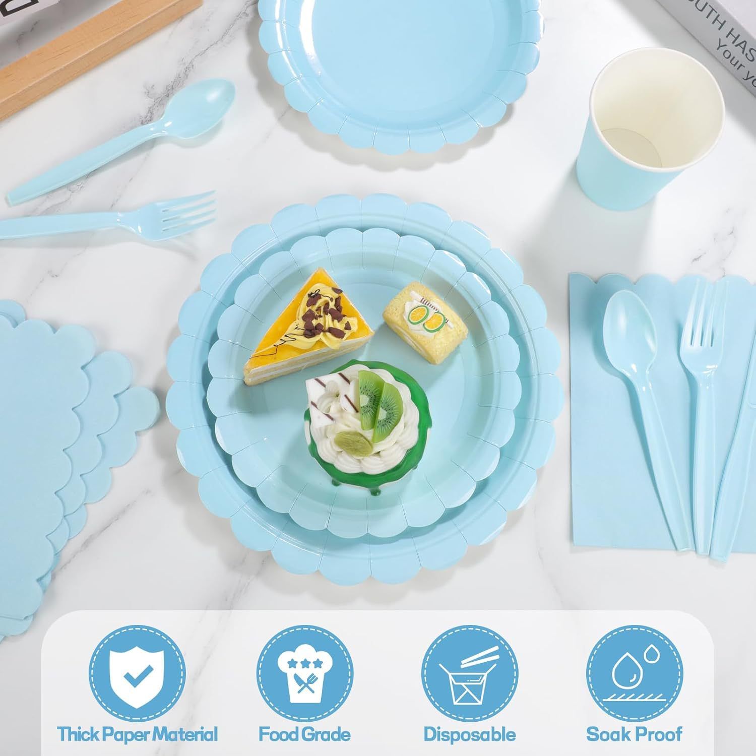 7-Piece Light Blue Scalloped Party Tableware Set for 50 Guests - Disposable view 2