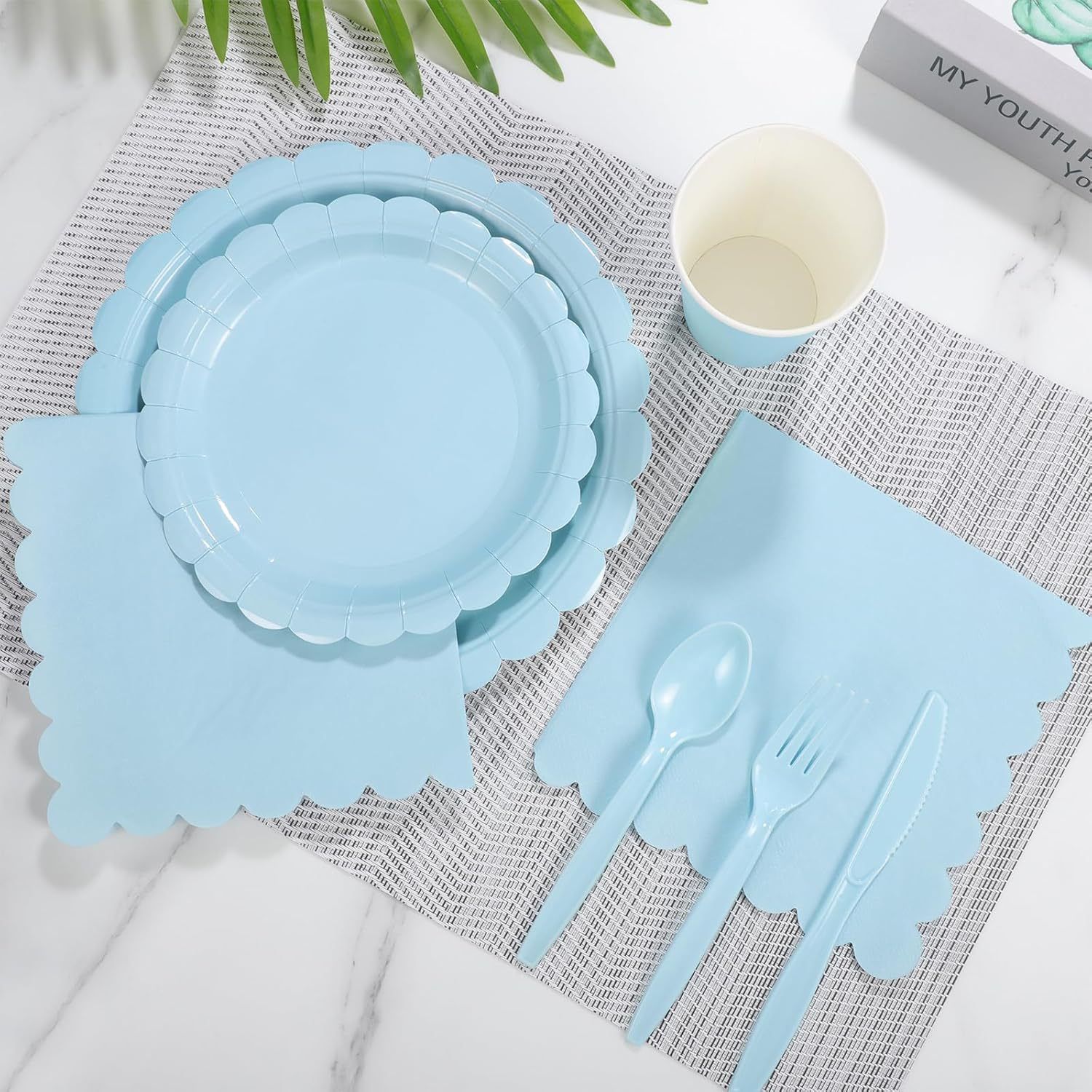 7-Piece Light Blue Scalloped Party Tableware Set for 50 Guests - Disposable view 3