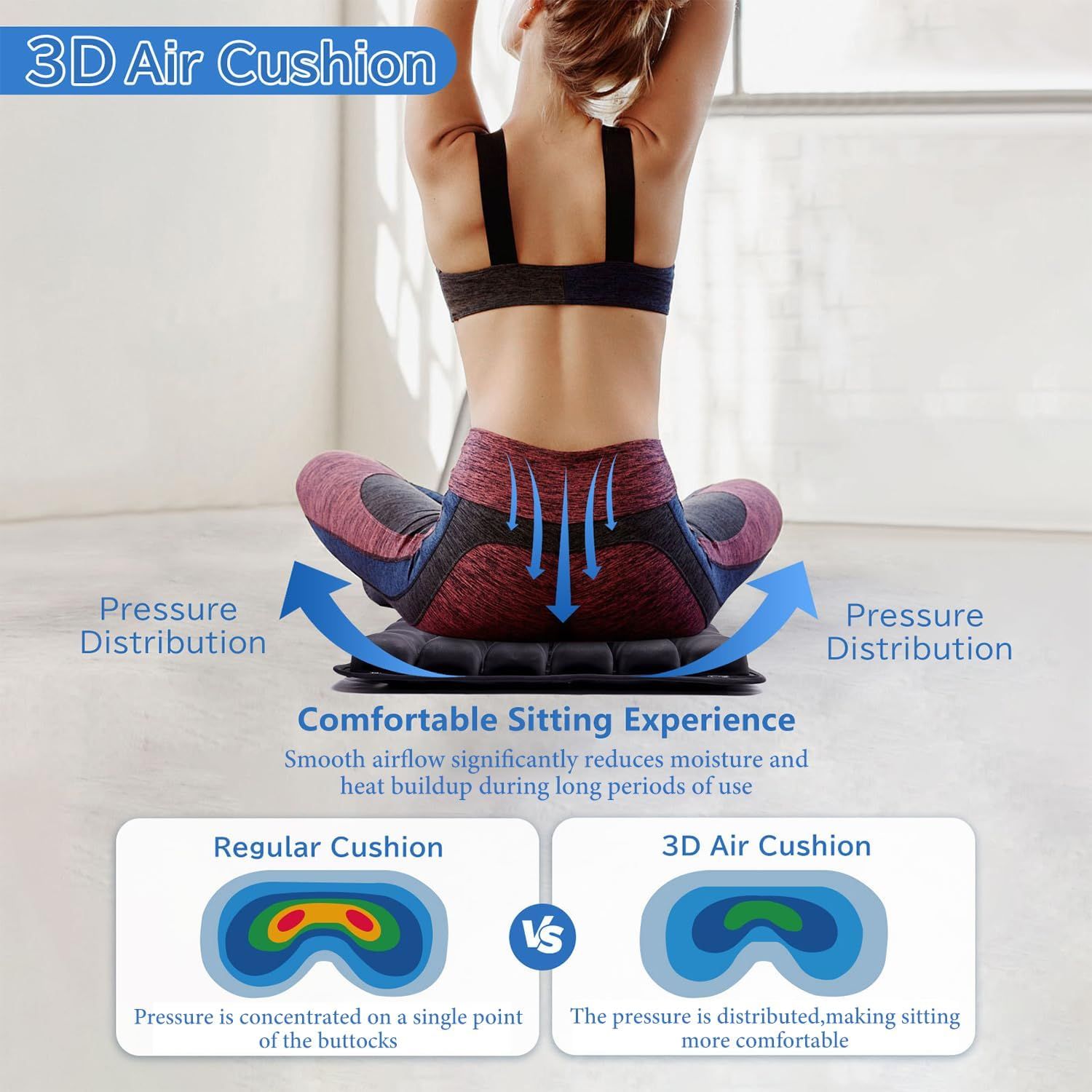 Black Portable 3D Aircell Travel Inflatable Seat Cushion with Built-in Pump view 3
