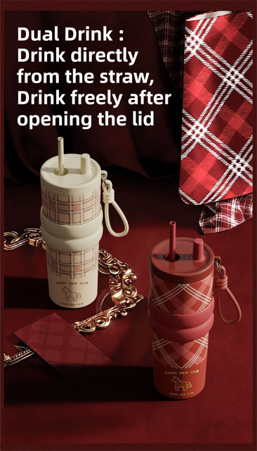 Red British Equestrian Plaid 710ML Insulated Travel Mug with Dual-Drink Lid view 4