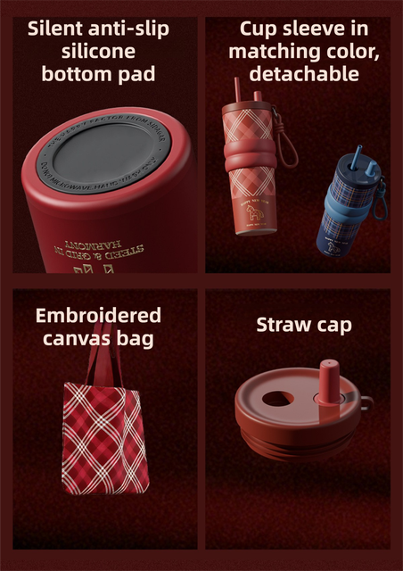 Red British Equestrian Plaid 710ML Insulated Travel Mug with Dual-Drink Lid view 5