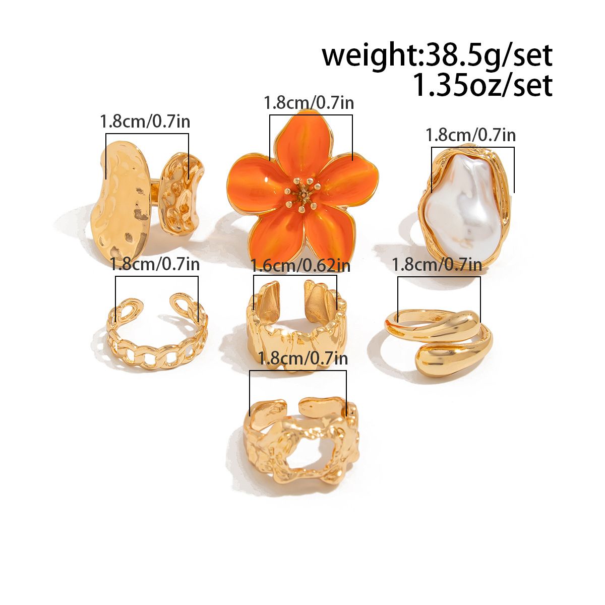 7-Piece Orange Liquid Lava Flower Stacking Open Rings Set with Imitation view 3