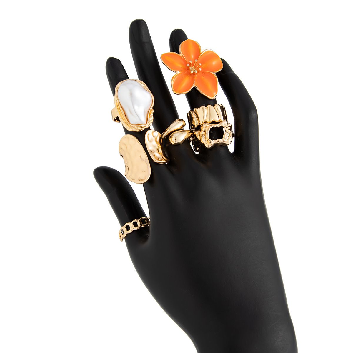 7-Piece Orange Liquid Lava Flower Stacking Open Rings Set with Imitation view 4