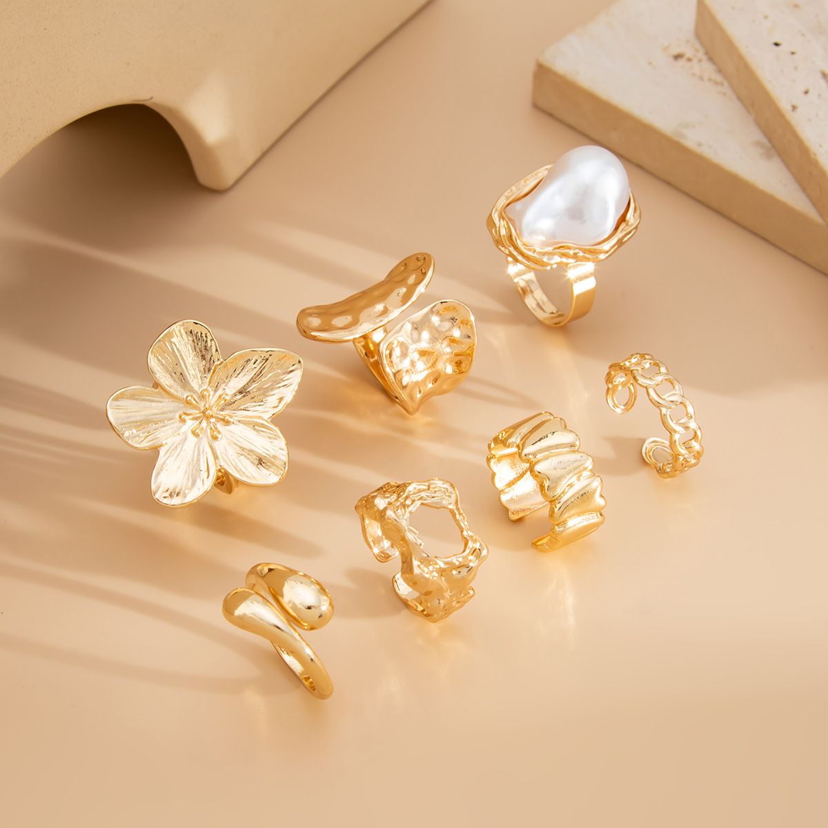 7-Piece White Liquid Lava Flower Stacking Open Rings Set with Imitation Pearls view 2