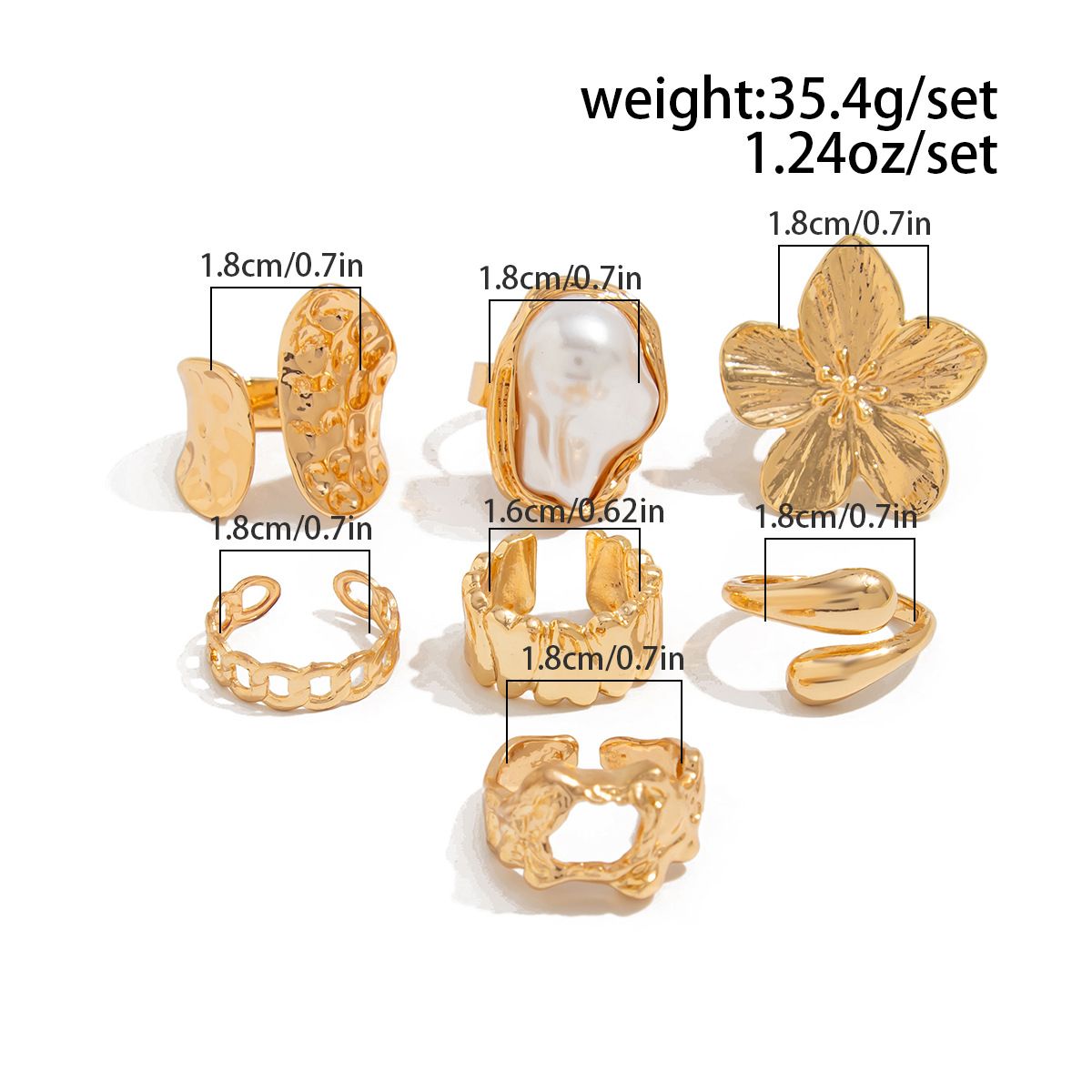 7-Piece White Liquid Lava Flower Stacking Open Rings Set with Imitation Pearls view 3