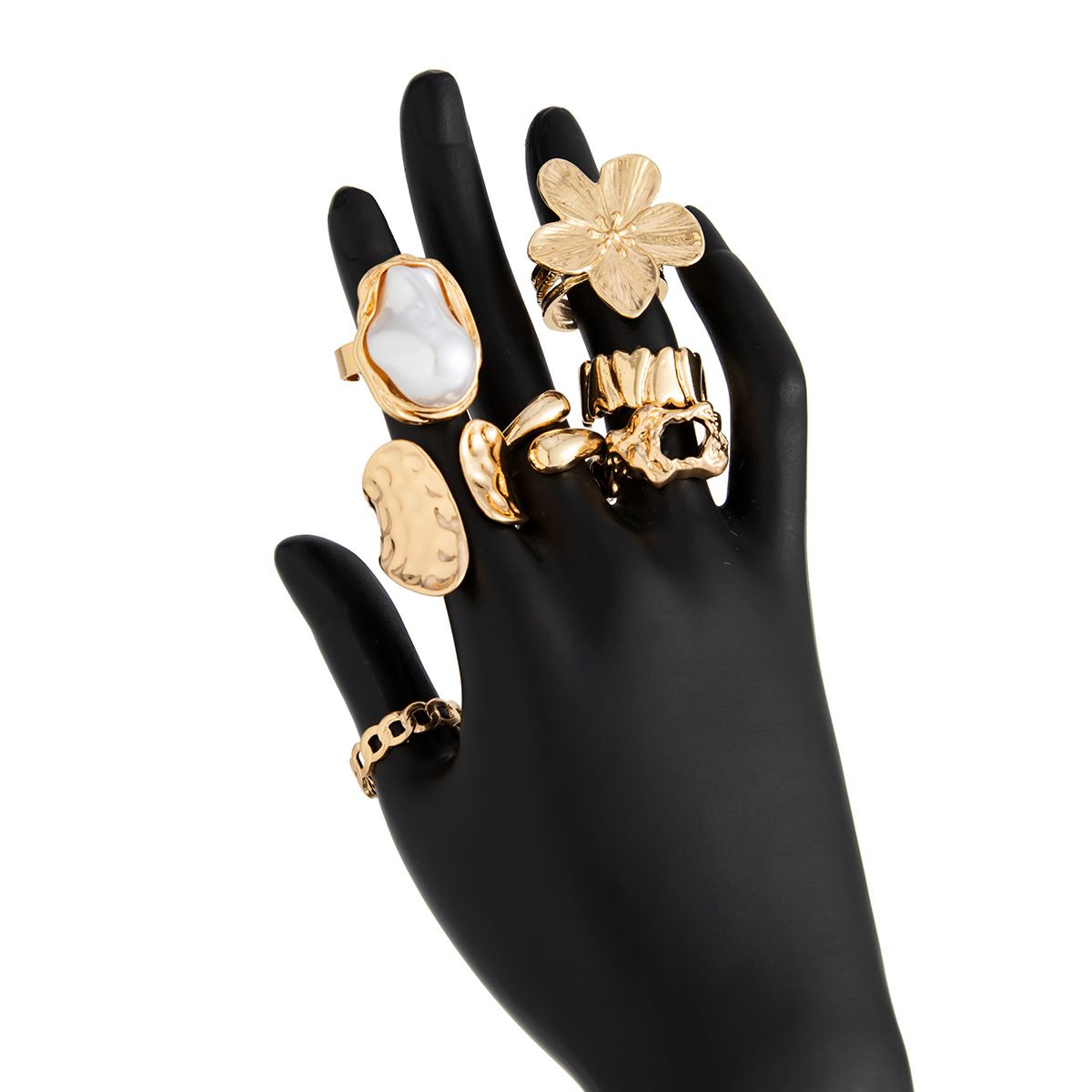 7-Piece White Liquid Lava Flower Stacking Open Rings Set with Imitation Pearls view 4