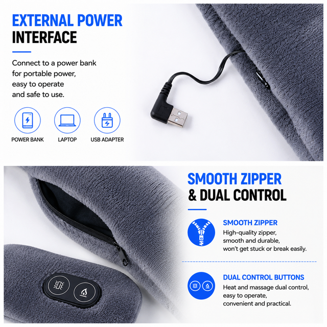 Dark Blue Plush USB Heated Massage Neck Scarf with 3 Temp & 3 Vibration view 4