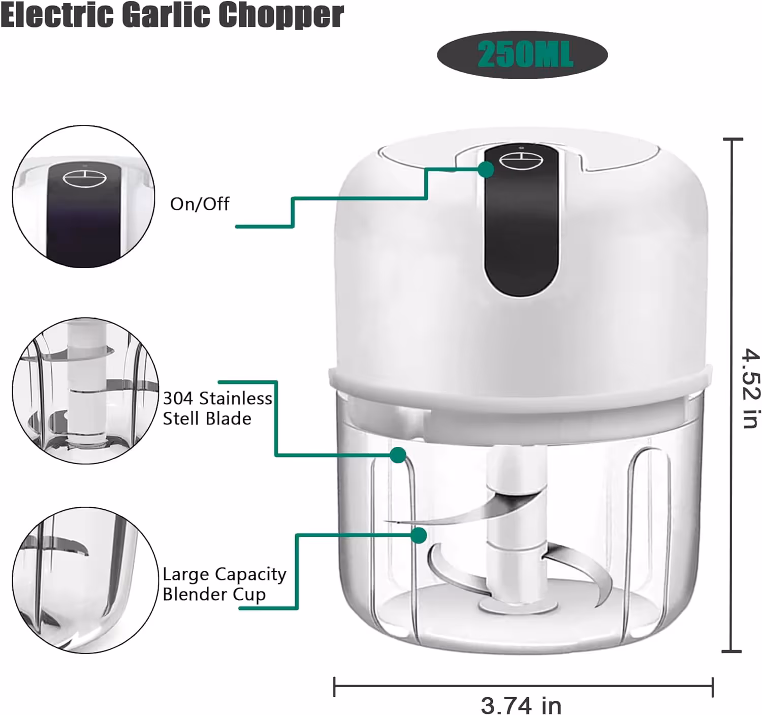 Blue 250ML Electric Mini Food Processor & Garlic Chopper with 3 Stainless view 2