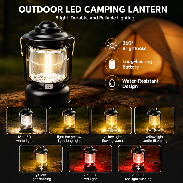 Red Vintage LED Outdoor Camping Lantern with Warm Ambient Light - 7 Lighting Modes view 4