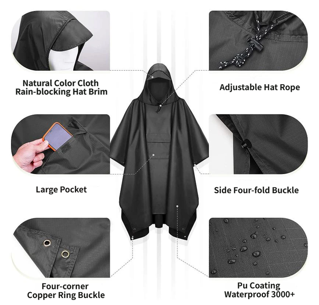 3-in-1 Black Camping Rain Poncho view 2