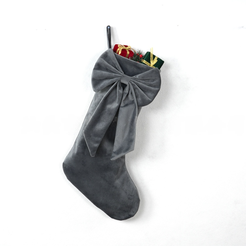 18 Inch Oversized Grey Luxury Velvet Christmas Stocking with Bow & Loop