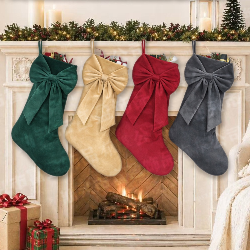 18 Inch Oversized White Luxury Velvet Christmas Stocking with Bow & Loop view 4