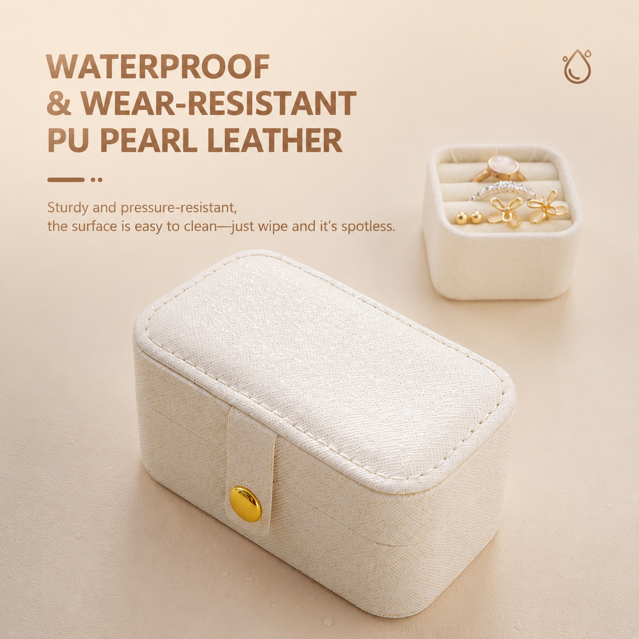 White Waterproof PU Leather Jewelry Travel Case with Removable Ring Tray view 4