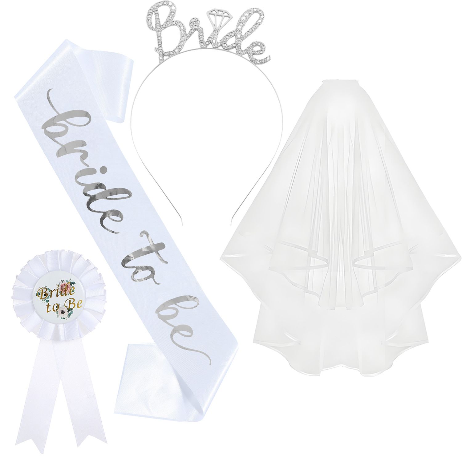 White and Silver Bride to Be Bachelorette Party Accessory Set