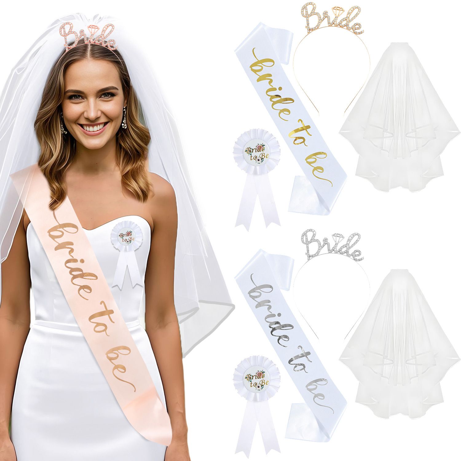 White and Rose Gold Bride to Be Bachelorette Party Accessory Set view 3