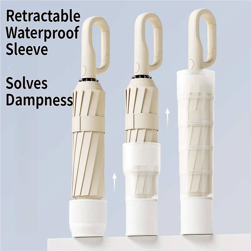 Beige Foldable Automatic Open Umbrella with Retractable Waterproof Sleeve view 5