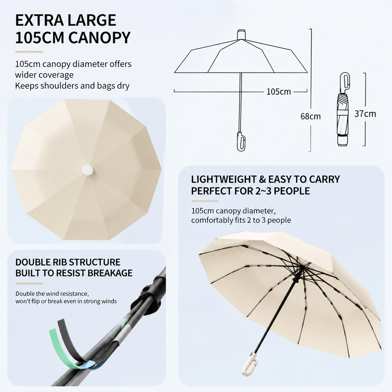 Beige Foldable Automatic Open Umbrella with Retractable Waterproof Sleeve view 7