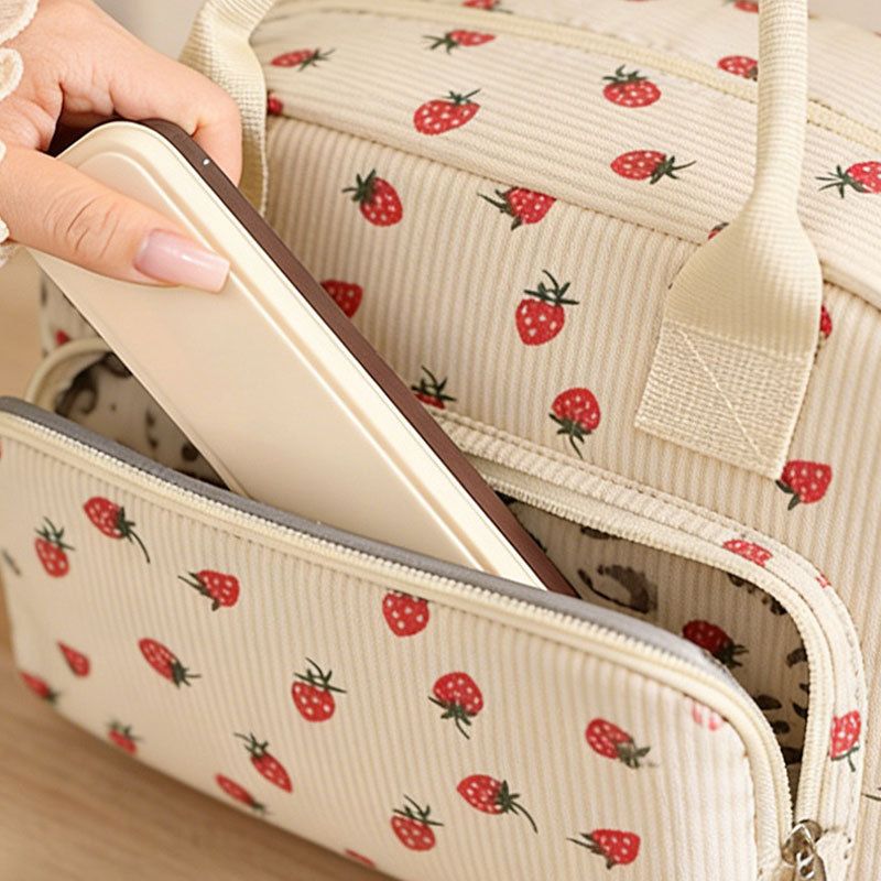 Strawberry Print Soft Corduroy Insulated Lunch Bag for Women and Students view 3