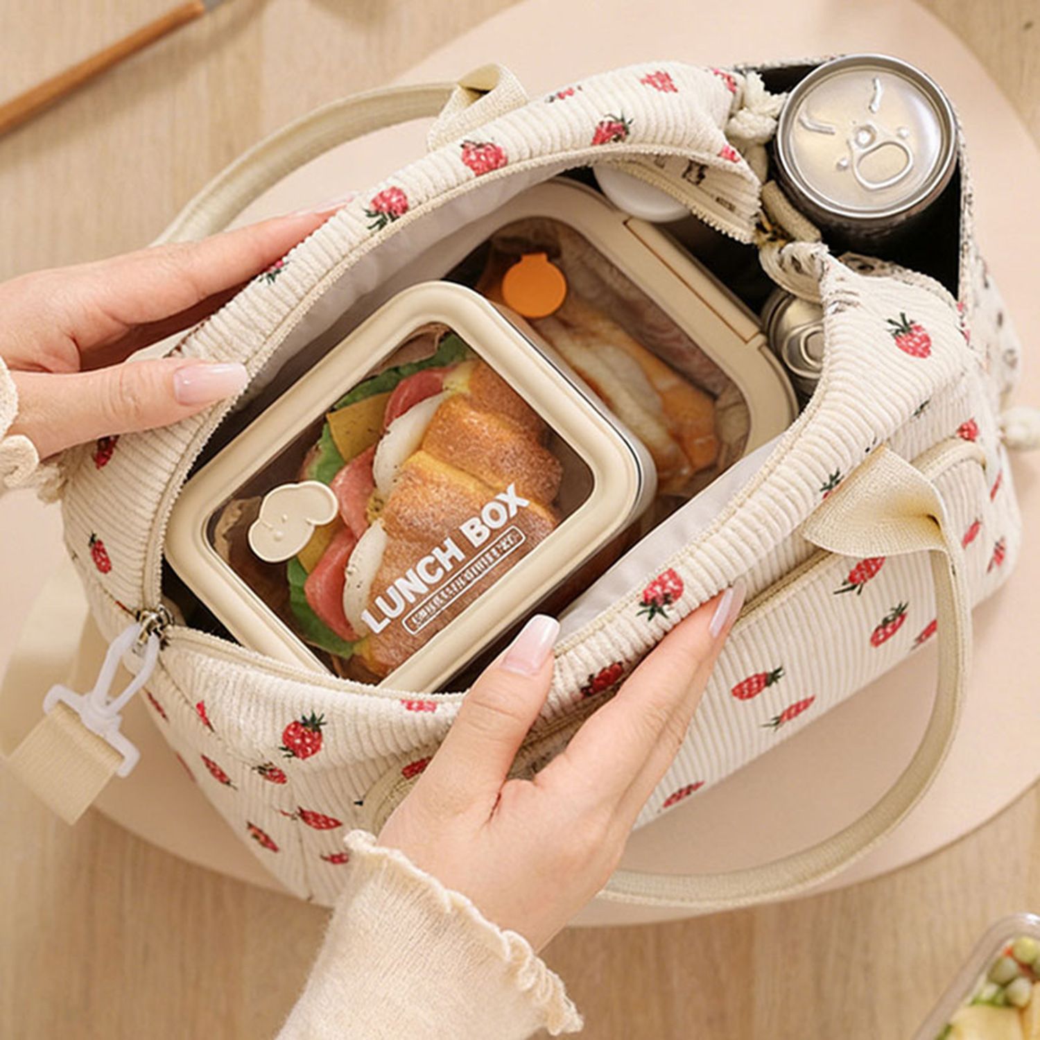 Beige Floral Print Soft Corduroy Insulated Lunch Bag for Women and Students view 2