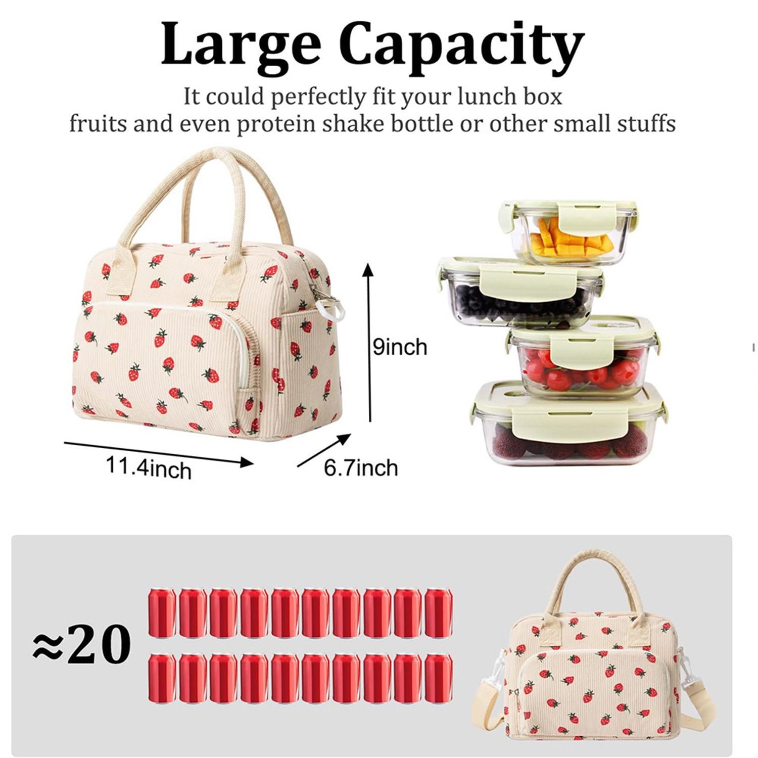 Beige Floral Print Soft Corduroy Insulated Lunch Bag for Women and Students view 4