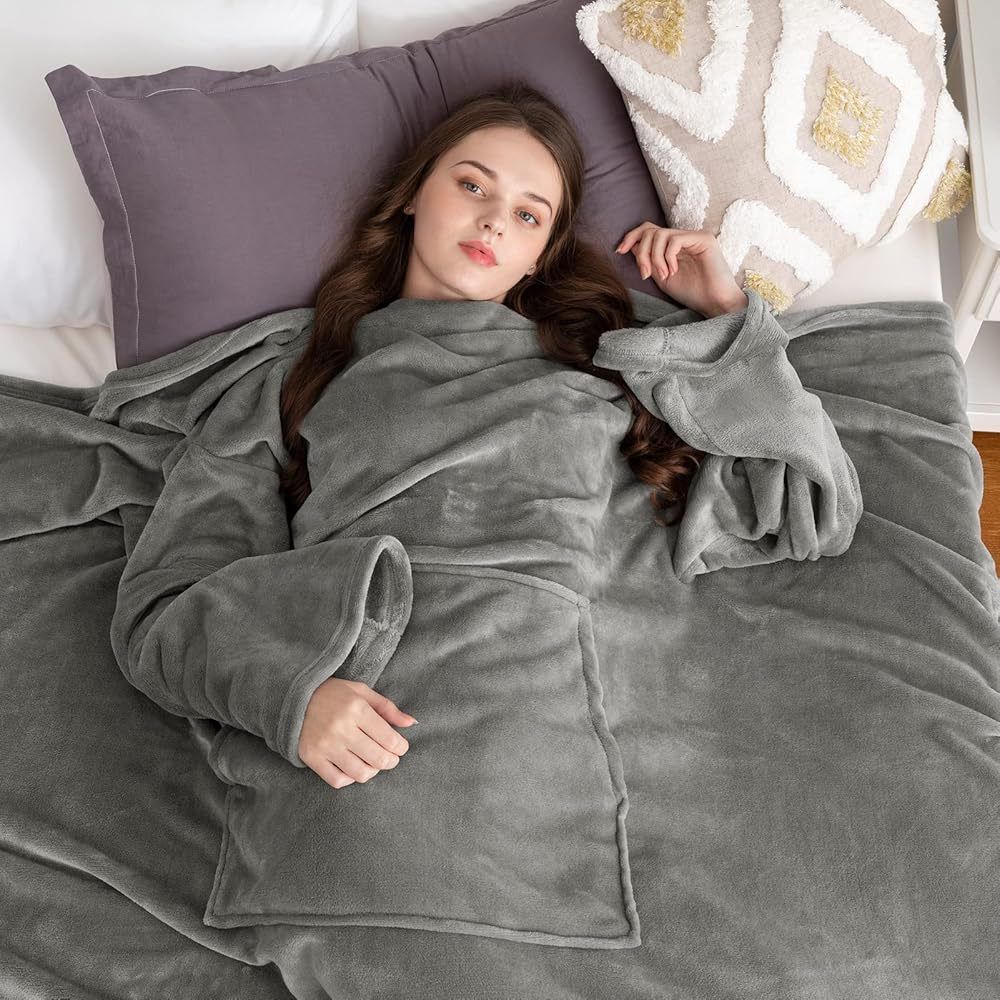 Pink 180 x 120CM Extra Large Wearable Wrap Blanket with Sleeves and Large Pocket view 2