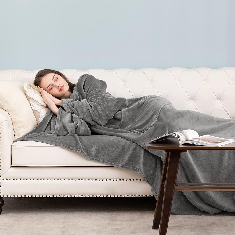 Blue 180 x 120CM Extra Large Wearable Wrap Blanket with Sleeves and Large Pocket view 3