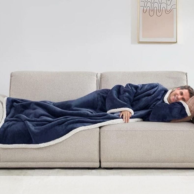 Blue 180 x 120CM Extra Large Wearable Wrap Blanket with Sleeves and Large Pocket view 4