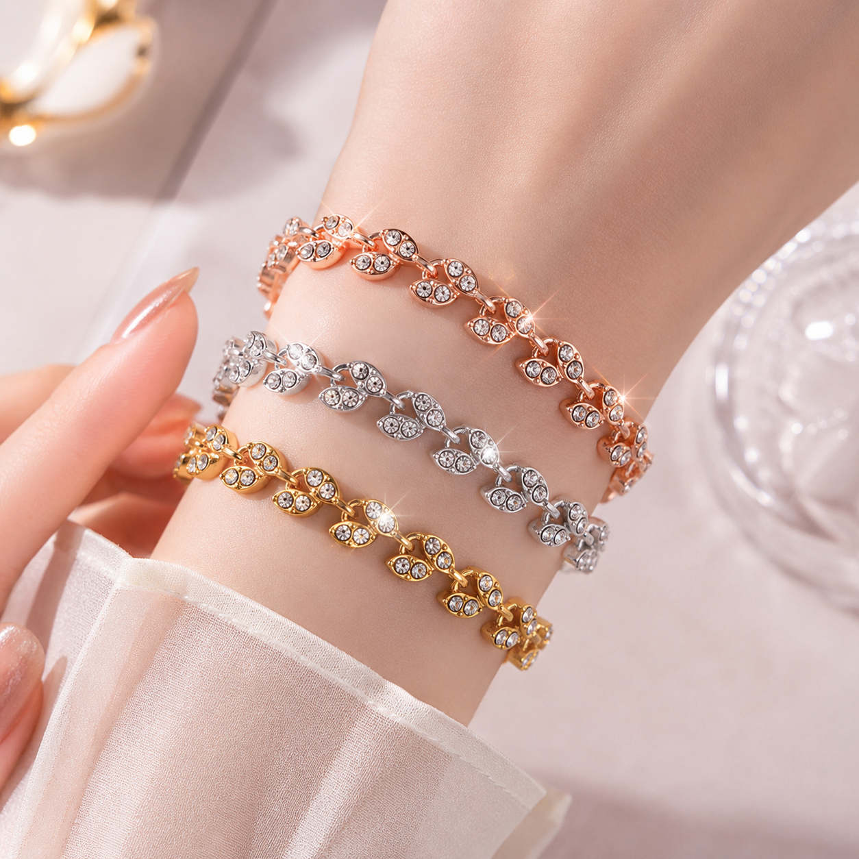 2 Pack Gold and Rose Gold Women's Crystal Leaf Bracelets with Gift Box view 4