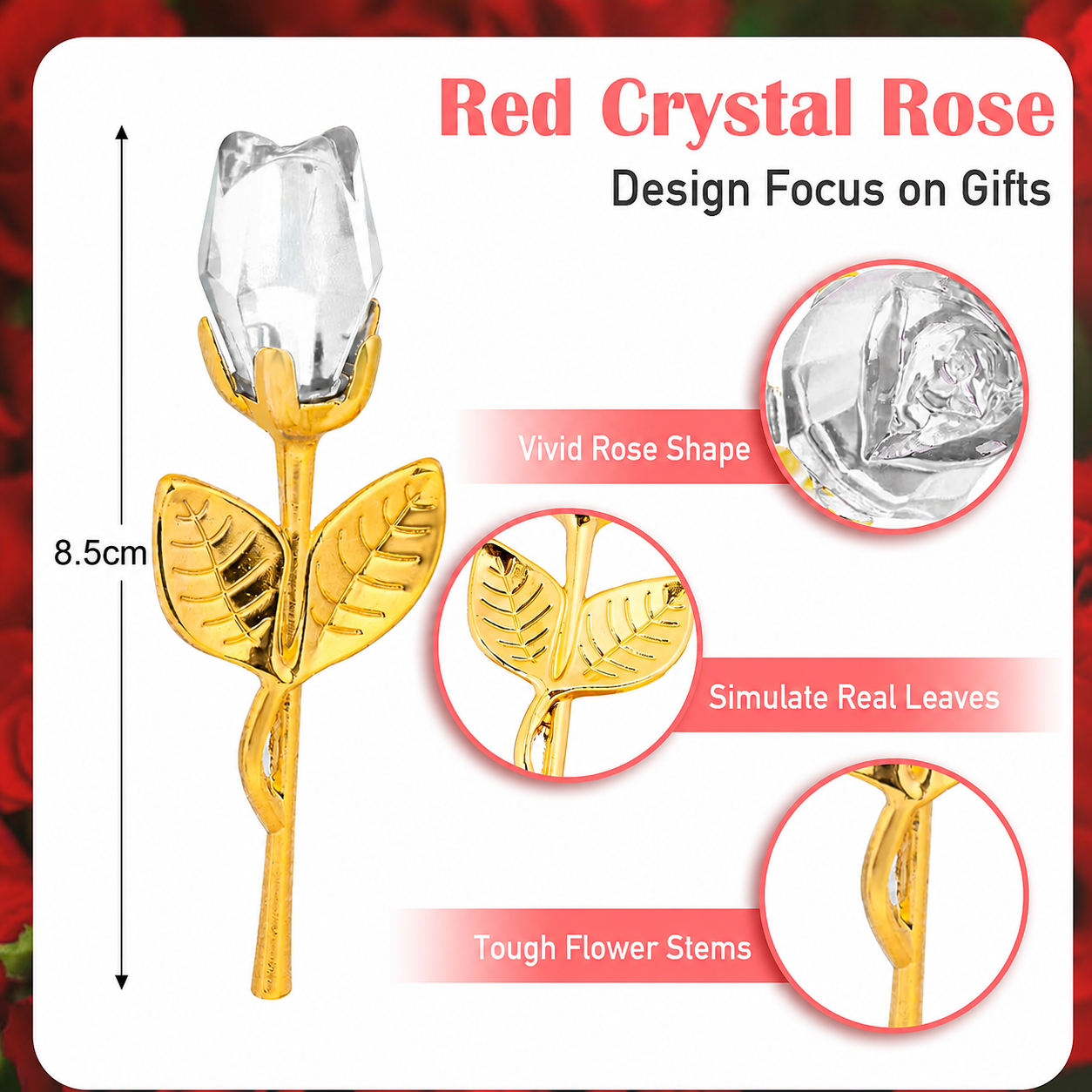 2 Set of White Crystal Rose Flower with Gold Gift Box and Gold Plated Stem view 2