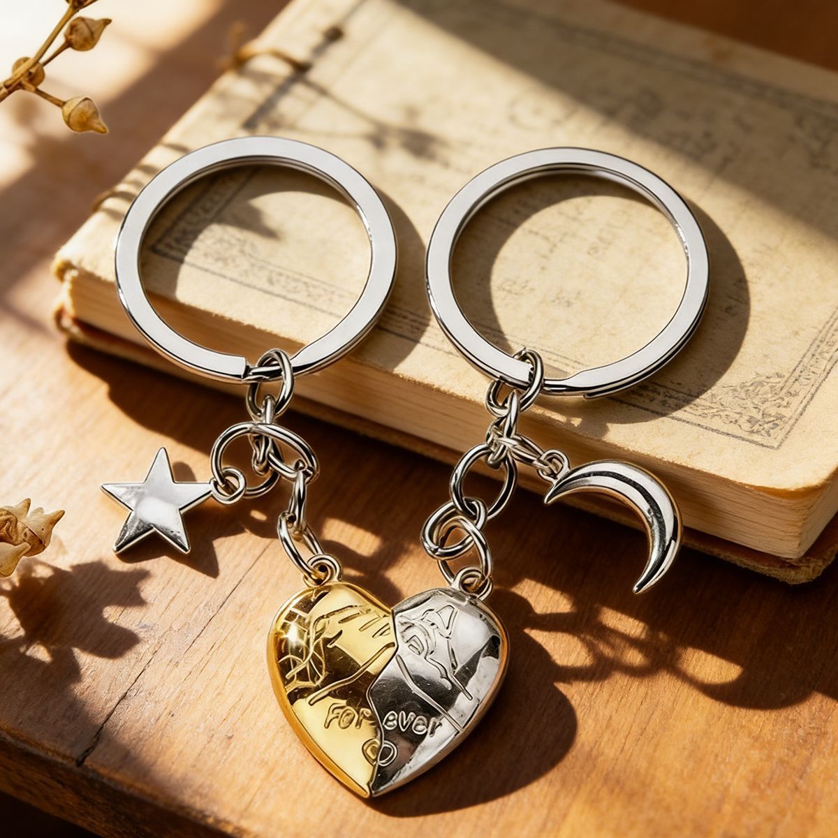 Silver & Gold Magnetic Matching Split Heart Zinc Alloy Keychain Set for