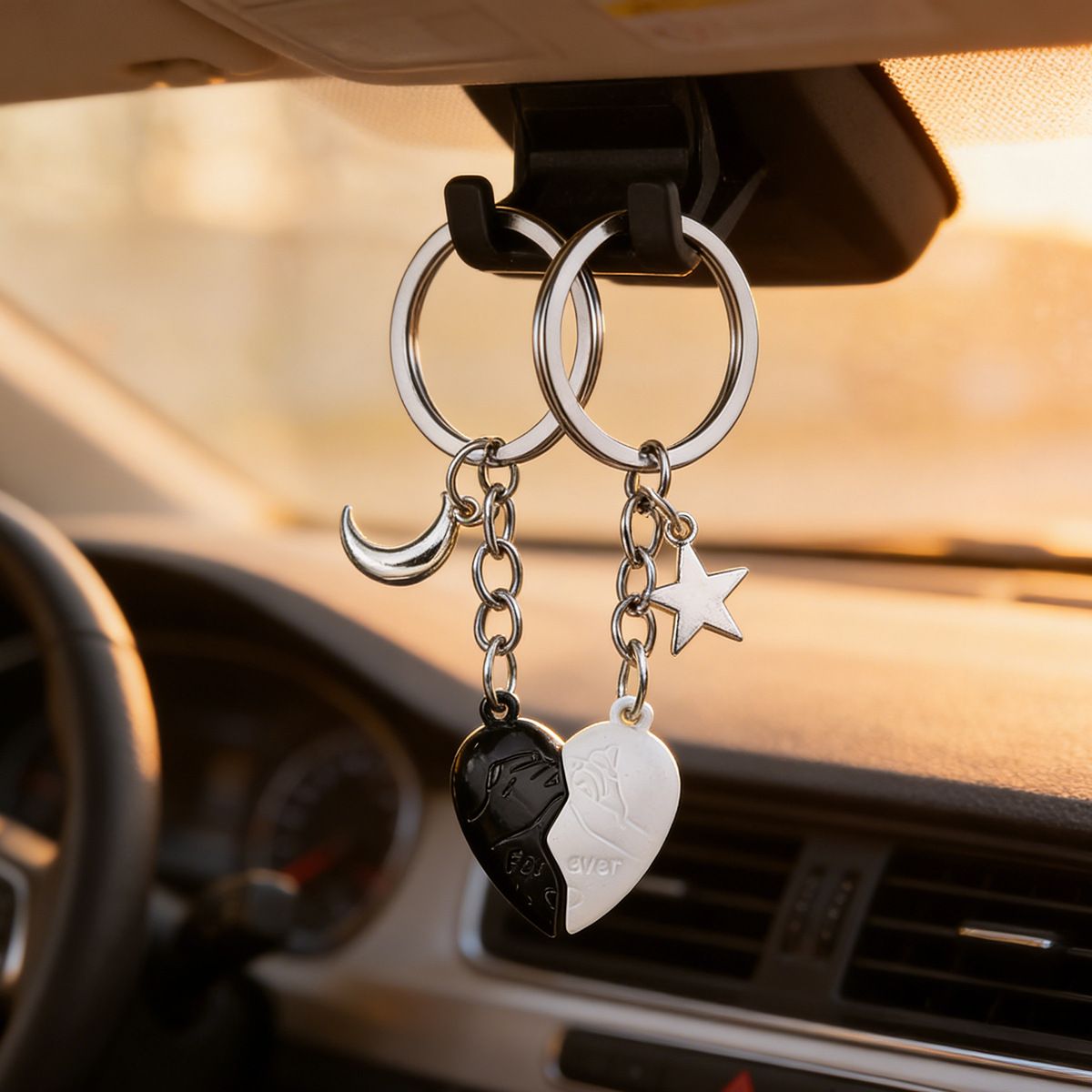 Black & White Magnetic Matching Split Heart Zinc Alloy Keychain Set for view 2