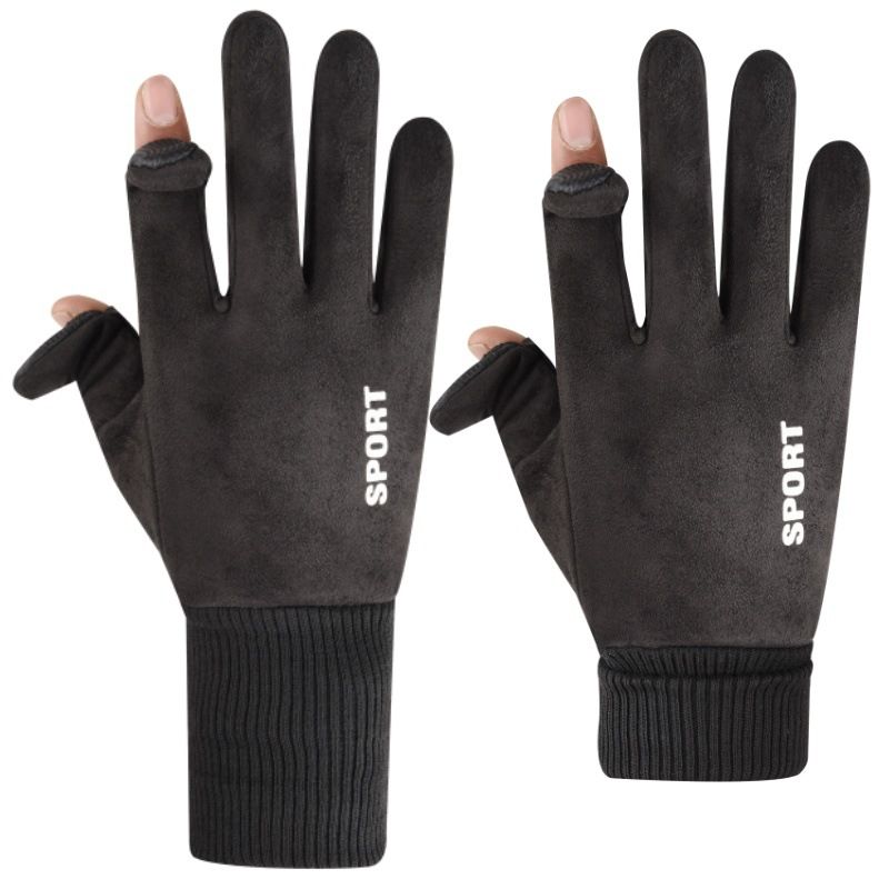 Khaki Winter Suede Touchscreen Flip-Top Gloves with Extended Cuff Design and view 4
