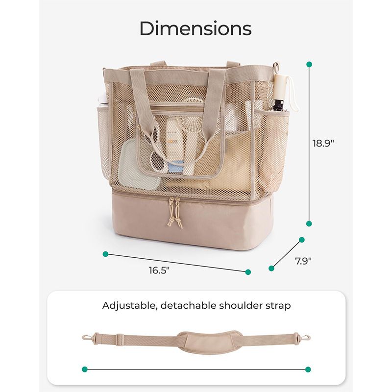 16.5 x 7.9 x 18.9" Beige Beach Travel Mesh Tote Bag with 14L Insulated Drink view 4