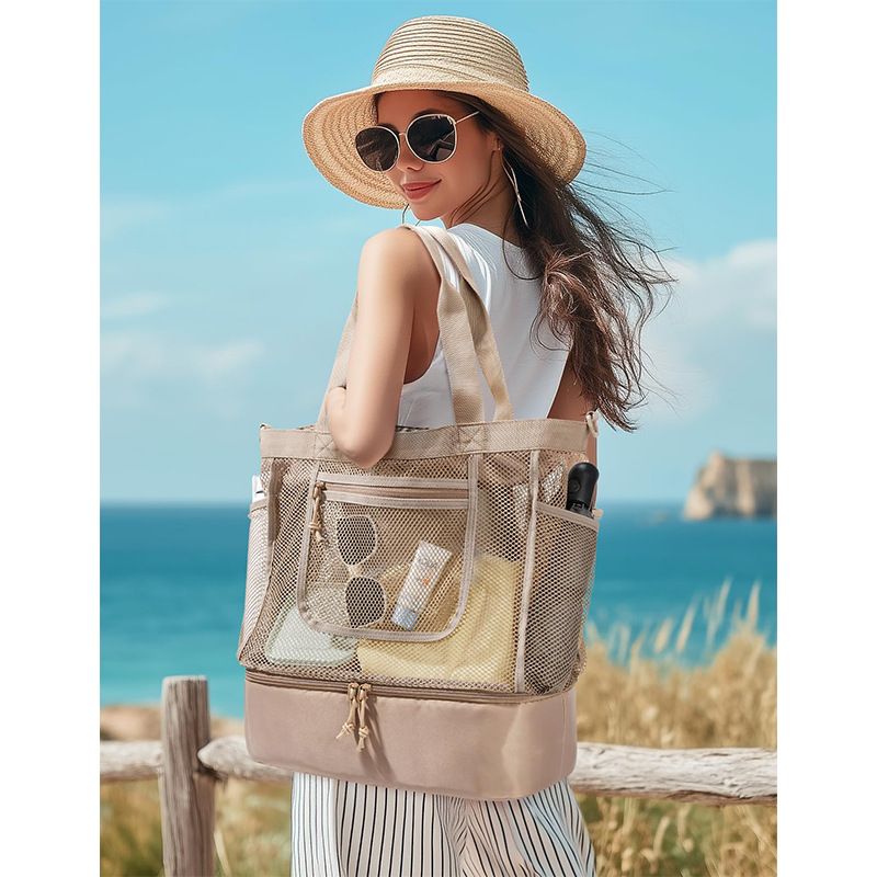 16.5 x 7.9 x 18.9" Khaki Beach Travel Mesh Tote Bag with 14L Insulated Drink view 6