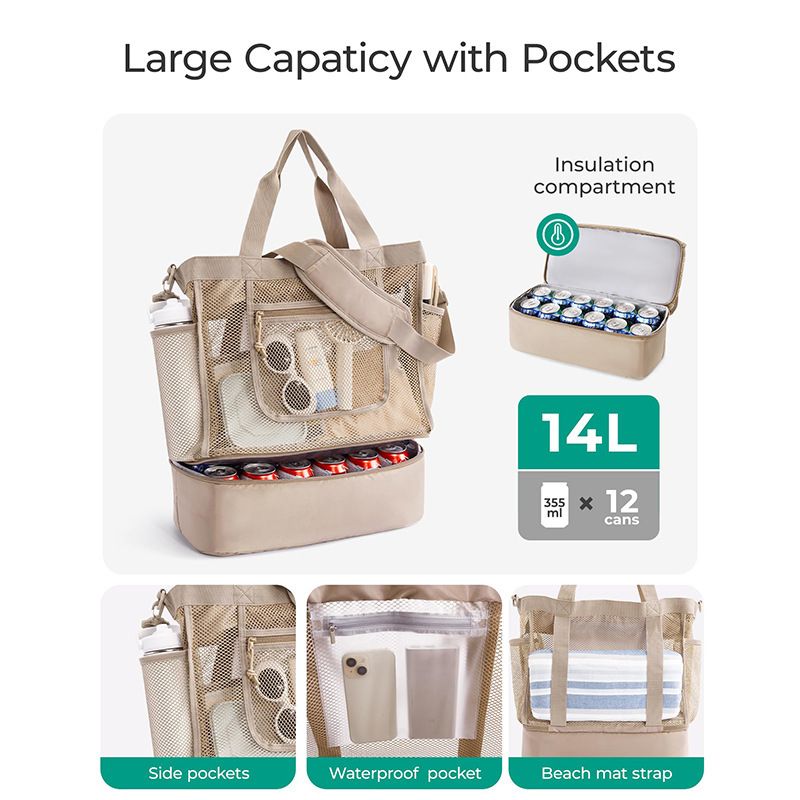 16.5 x 7.9 x 18.9" Light Blue Beach Travel Mesh Tote Bag with 14L Insulated view 2