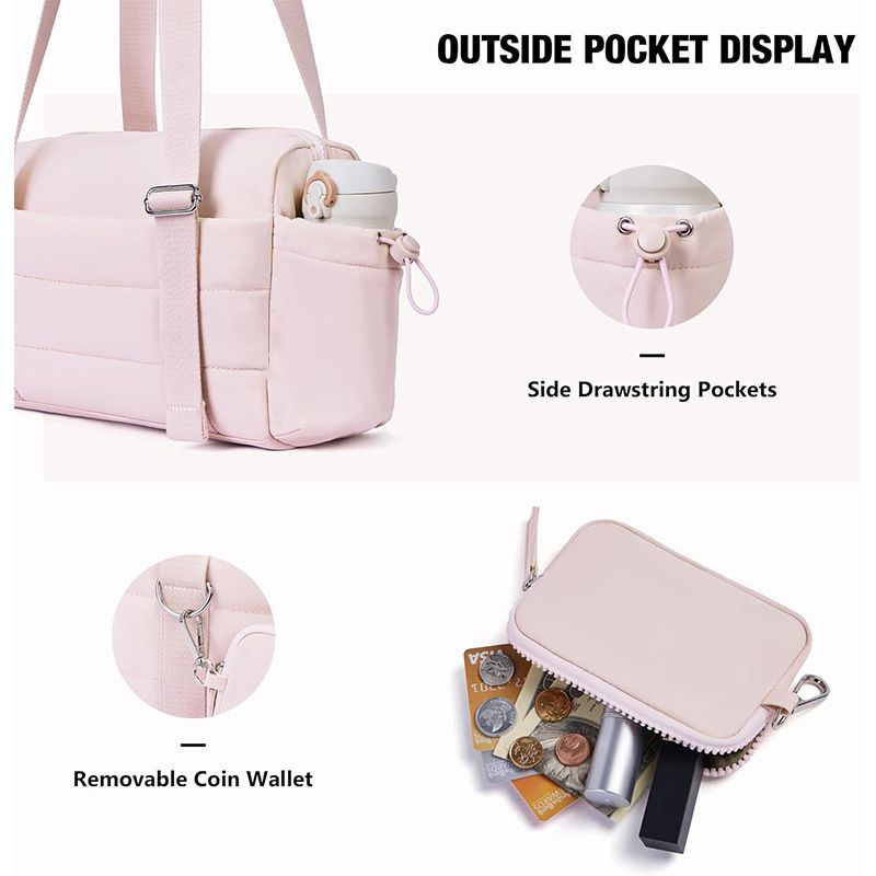 Pink Women’s Fluffy Nylon Gym Travel Tote Bag and Coin Purse Set - Side view 3