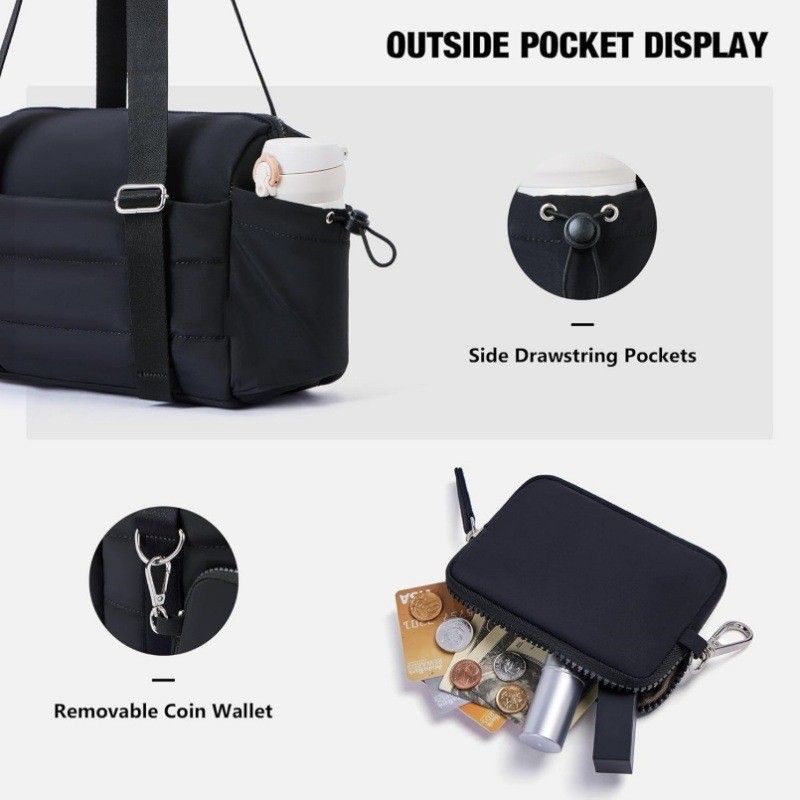 Black Women’s Fluffy Nylon Gym Travel Tote Bag and Coin Purse Set - Side view 3
