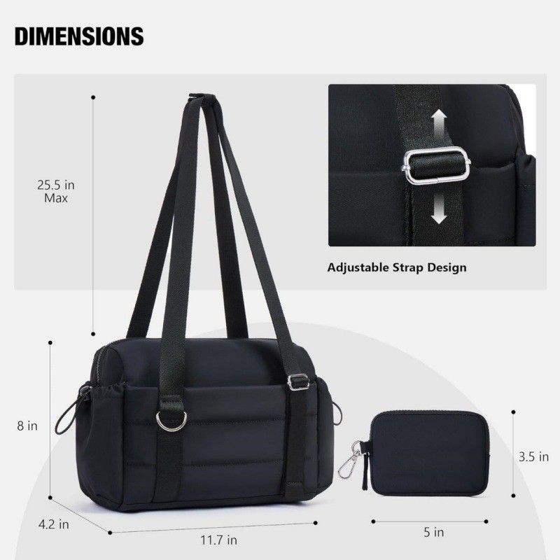 Black Women’s Fluffy Nylon Gym Travel Tote Bag and Coin Purse Set - Side view 4