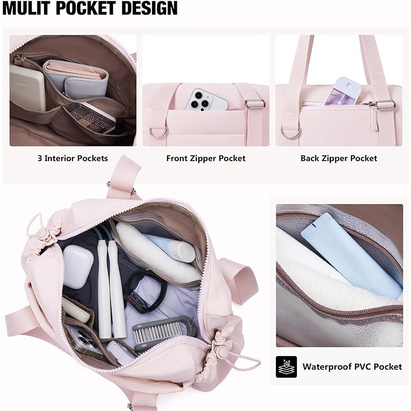 Beige Women’s Fluffy Nylon Gym Travel Tote Bag and Coin Purse Set - Side view 2
